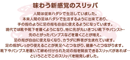 味わう新感覚のスリッパ　人間は従来ハダシで生活していました。本来人間の足はハダシで生活するように出来ており、手の指のように足の指も自由に使えるようになっています。現代では靴や靴下を履くようになり、特に先が丸いきつい靴下やパンスト・先のとがったパンプスなどを履くことが増え、足の指が自由に使えなくなり、カラダに弊害が生まれています。 足の指がしっかり使えることが美足へとつながり、健康へとつながります。 靴下やパンプスを履いて締め付けられた足の指を開放できるスリッパがあれば…ということでこのスリッパを開発しました。