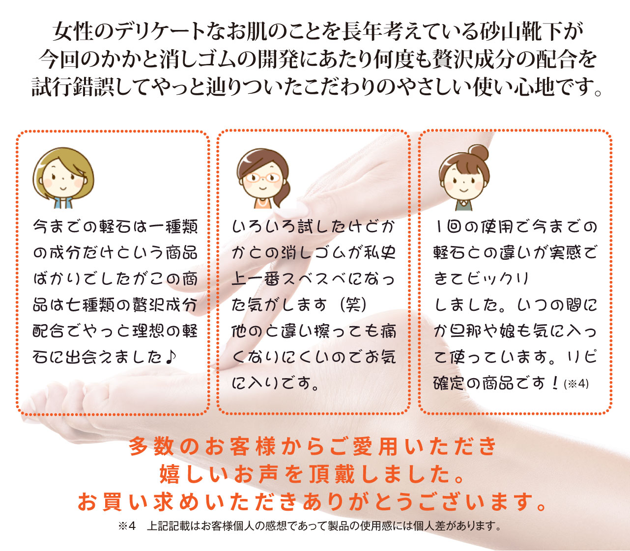 女性のデリケートなお肌のことを長年考えている砂山靴下が今回のかかと消しゴムの開発にあたり何度も贅沢成分の配合を試行錯誤してやっと辿りついたこだわりのやさしい使い心地です。今までの軽石は一種類の成分だけという商品ばかりでしたがこの商品は七種類の贅沢成分配合でやっと理想の軽石に出会えました♪いろいろ試したけどかかとの消しゴムが私史上一番スベスベになった気がします（笑）他のと違い擦っても痛くなりにくいのでお気に入りです。1回の使用で今までの軽石との違いが実感できてビックリしました。いつの間にか旦那や娘も気に入って使っています。リピ確定の商品です！多数のお客様からご愛用いただき嬉しいお声を頂戴しました。お買い求めいただきありがとうございます。