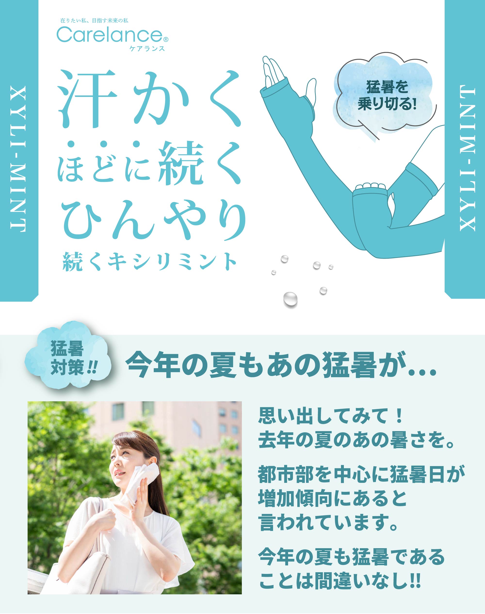 
		猛暑の夏には汗ばむほどにひんやり続く「キシリミント」。
		思い出してみて！去年の夏のあの暑さを。 
		都市部を中心に猛暑日が 増加傾向にあると言われています。 
		今年の夏も猛暑であること間違いなし！！